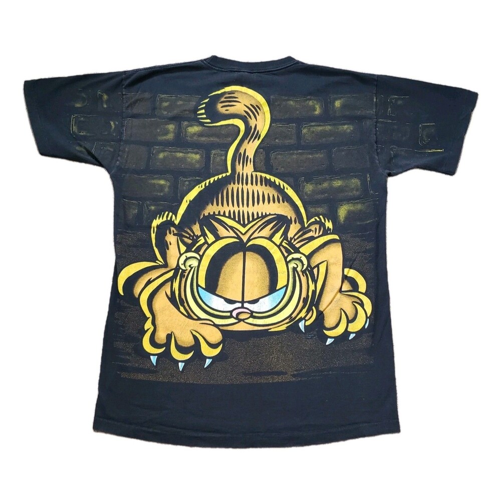 Vintage 90s Garfield Big Print Sz Large Single Stitch USA Made Black T-Shirt